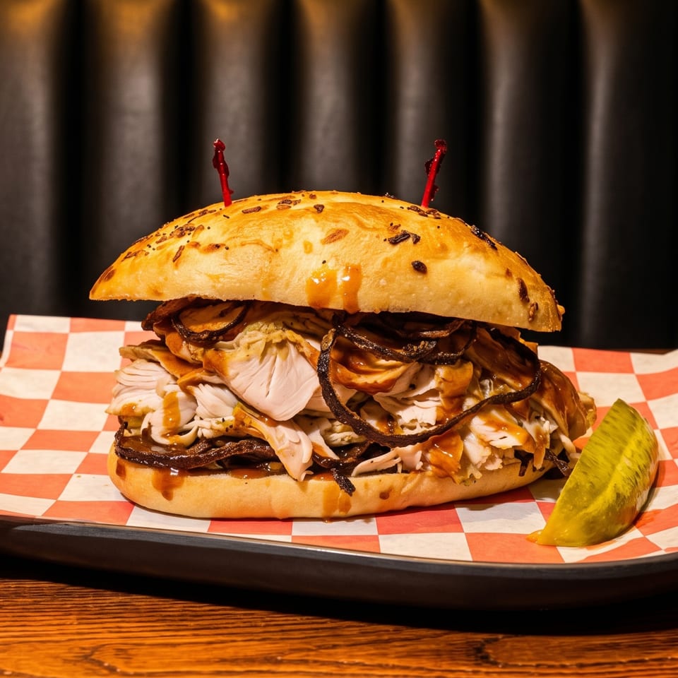 A large, overflowing sandwich with meat, sauce, and crispy onions, served with a pickle spear.