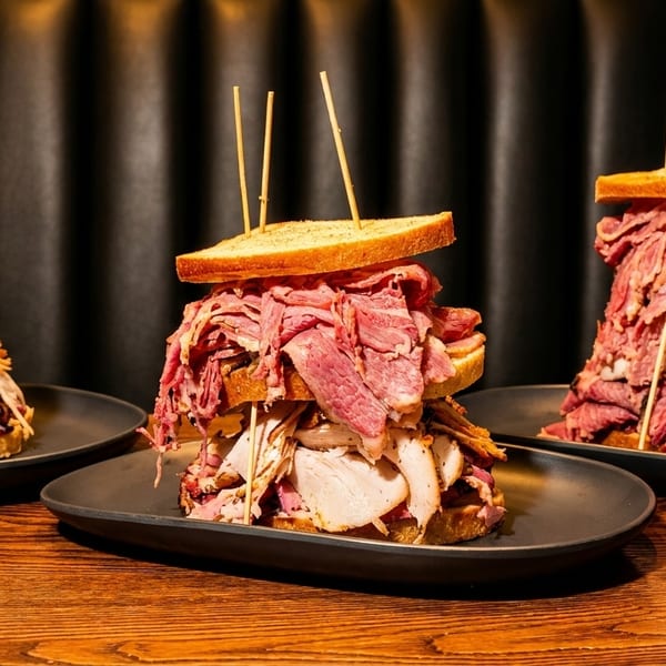 Three towering deli sandwiches, piled high with pastrami and turkey, on dark plates.