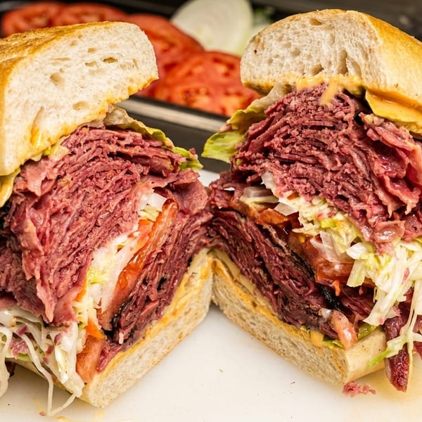 A large, deli-style sandwich cut in half, overflowing with pastrami, coleslaw, and vegetables.
