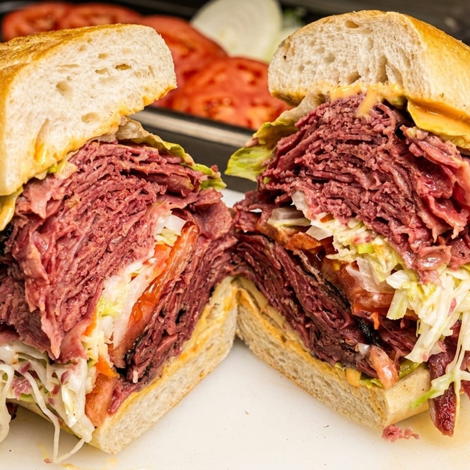 A large, deli-style sandwich cut in half, overflowing with pastrami, coleslaw, and vegetables.