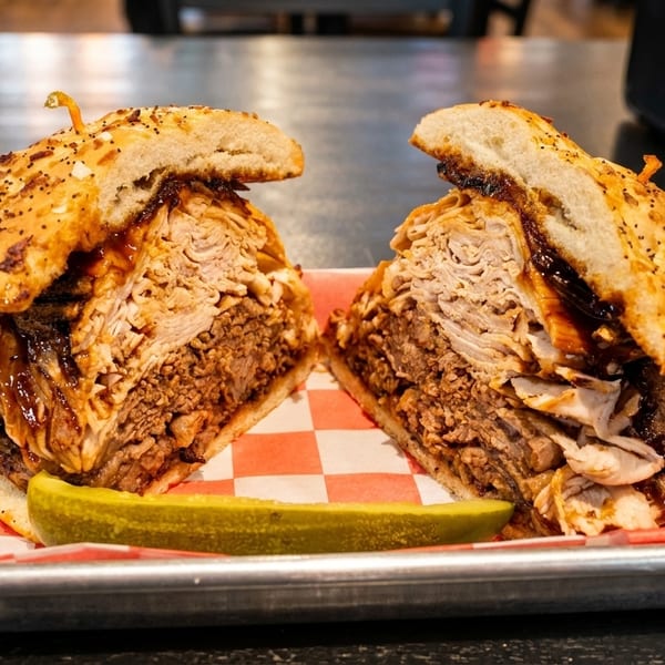 A large, sliced BBQ sandwich with pulled pork and brisket, served with a pickle spear on a tray.