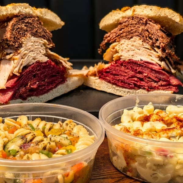 Two massive deli sandwiches with pastrami, turkey, and roast beef, alongside pasta salad and macaroni salad.