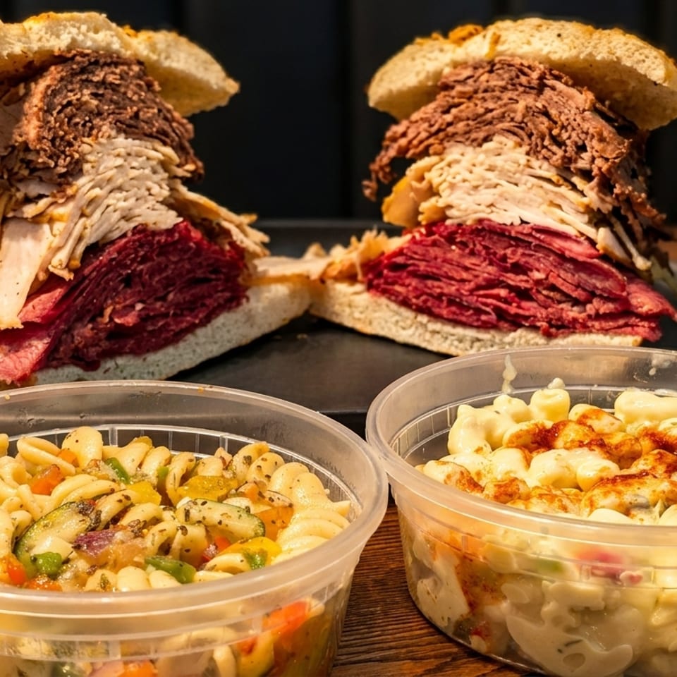 Two massive deli sandwiches with pastrami, turkey, and roast beef, alongside pasta salad and macaroni salad.